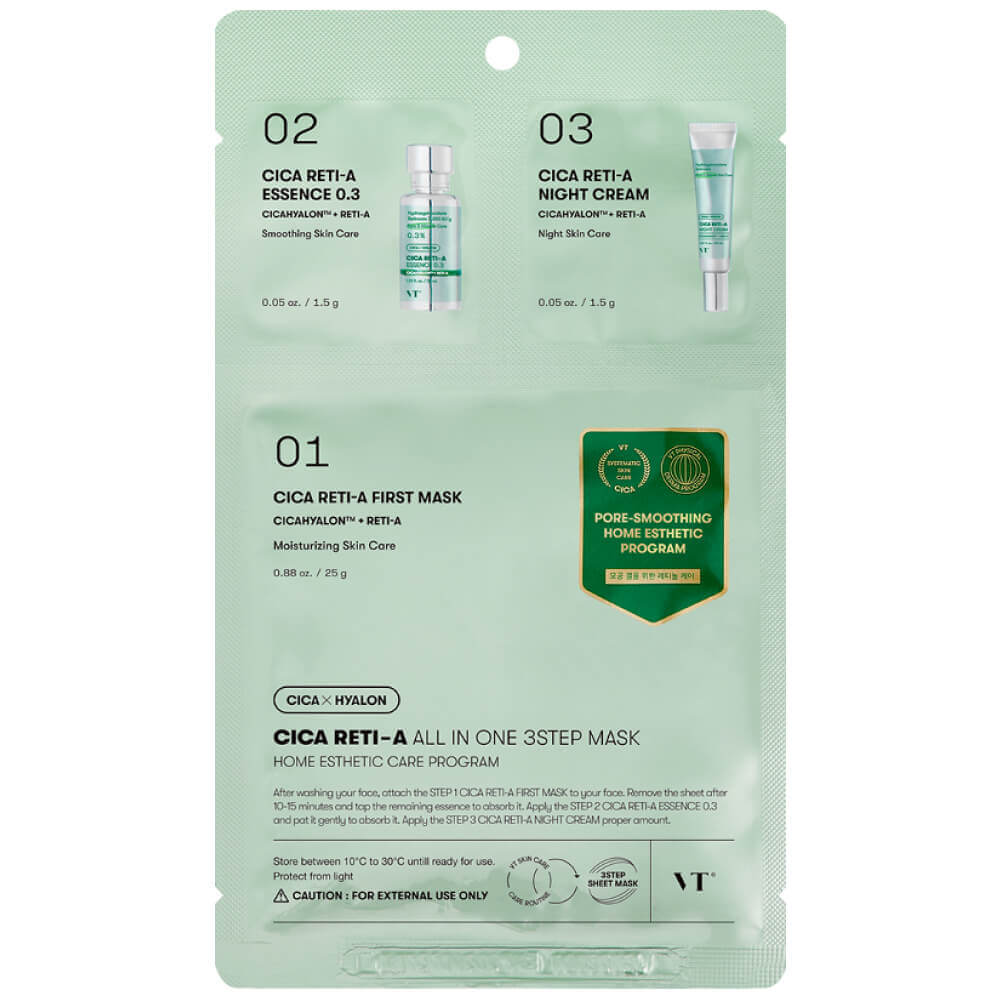 Трёхступенчатый набор для сужения пор с ретинолом VT Cosmetics Cica Reti-A  All In One 3Step Mask